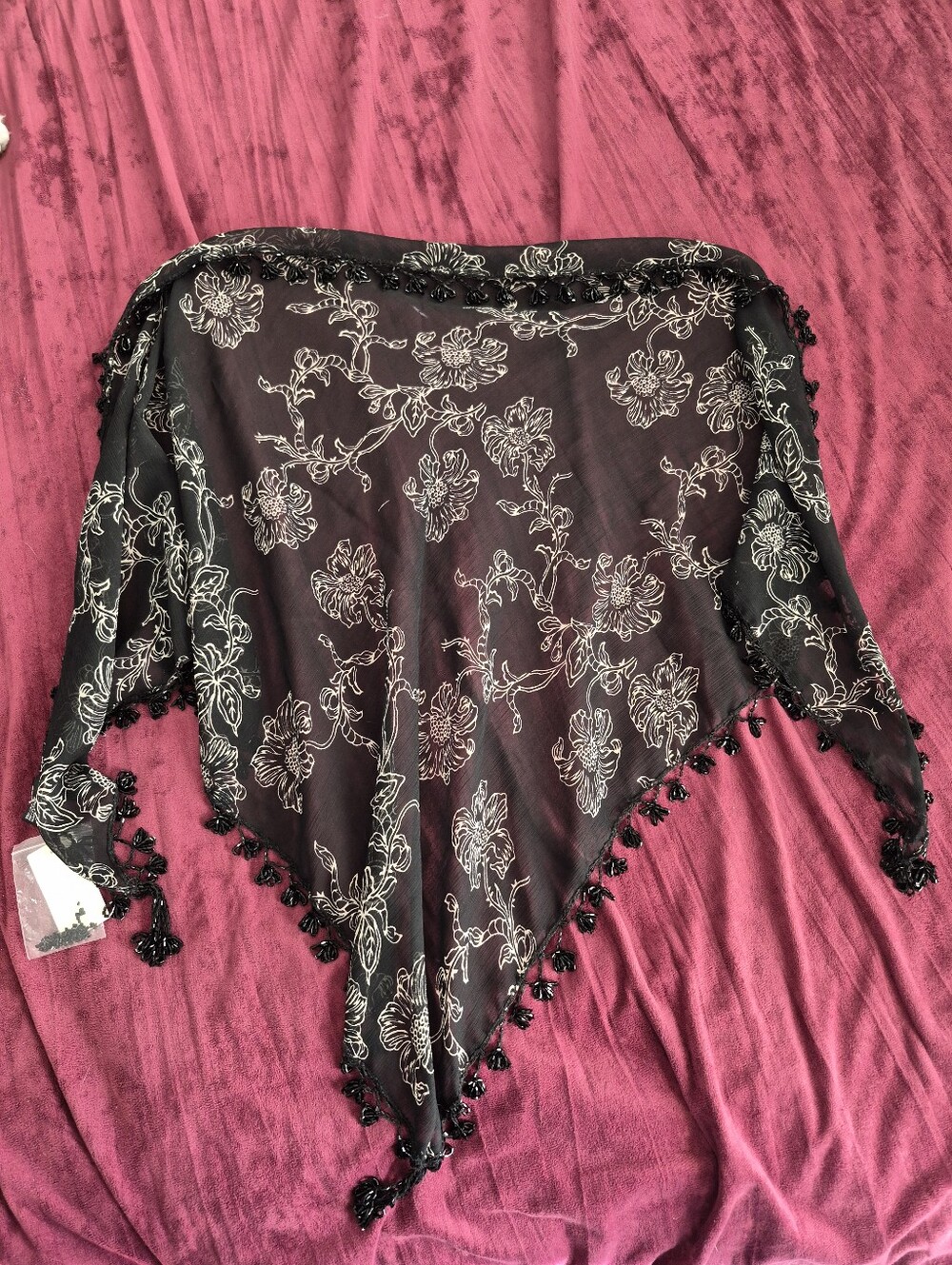 Black Floral Sheer Scarf Wrap with Beaded Tassel Trim